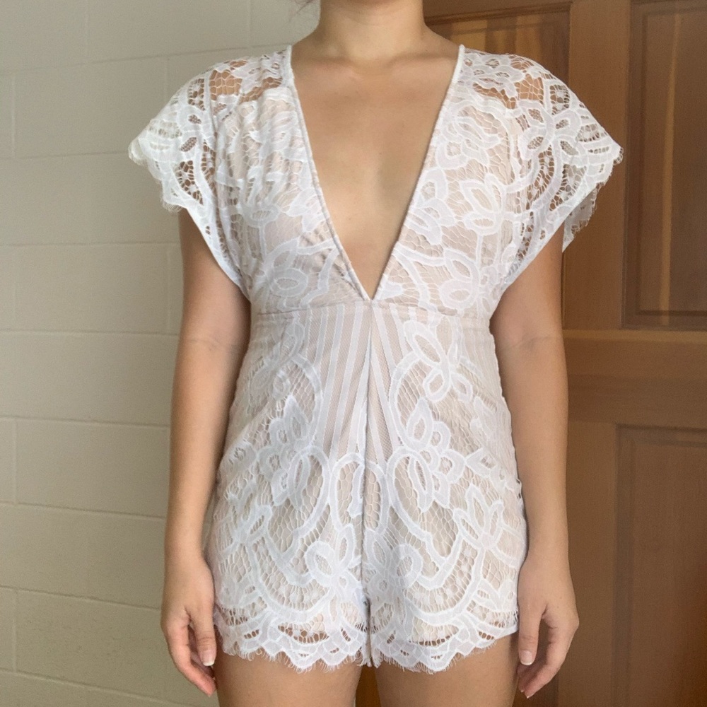 SHOWPO White lace low V-neck romper